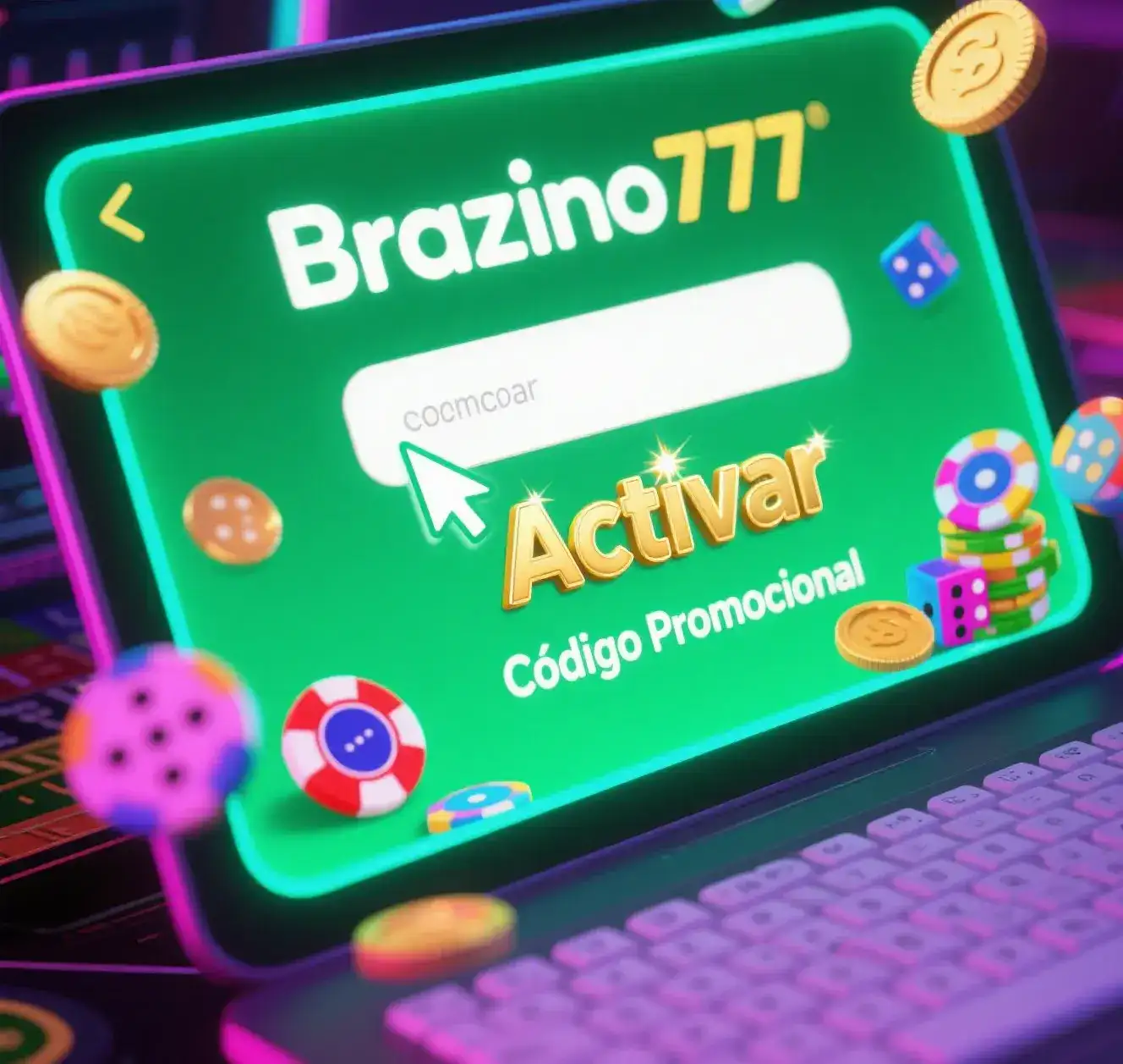 Activación del código promocional Brazino777 en la pantalla holográfica de una laptop con fichas de casino y dados coloridos