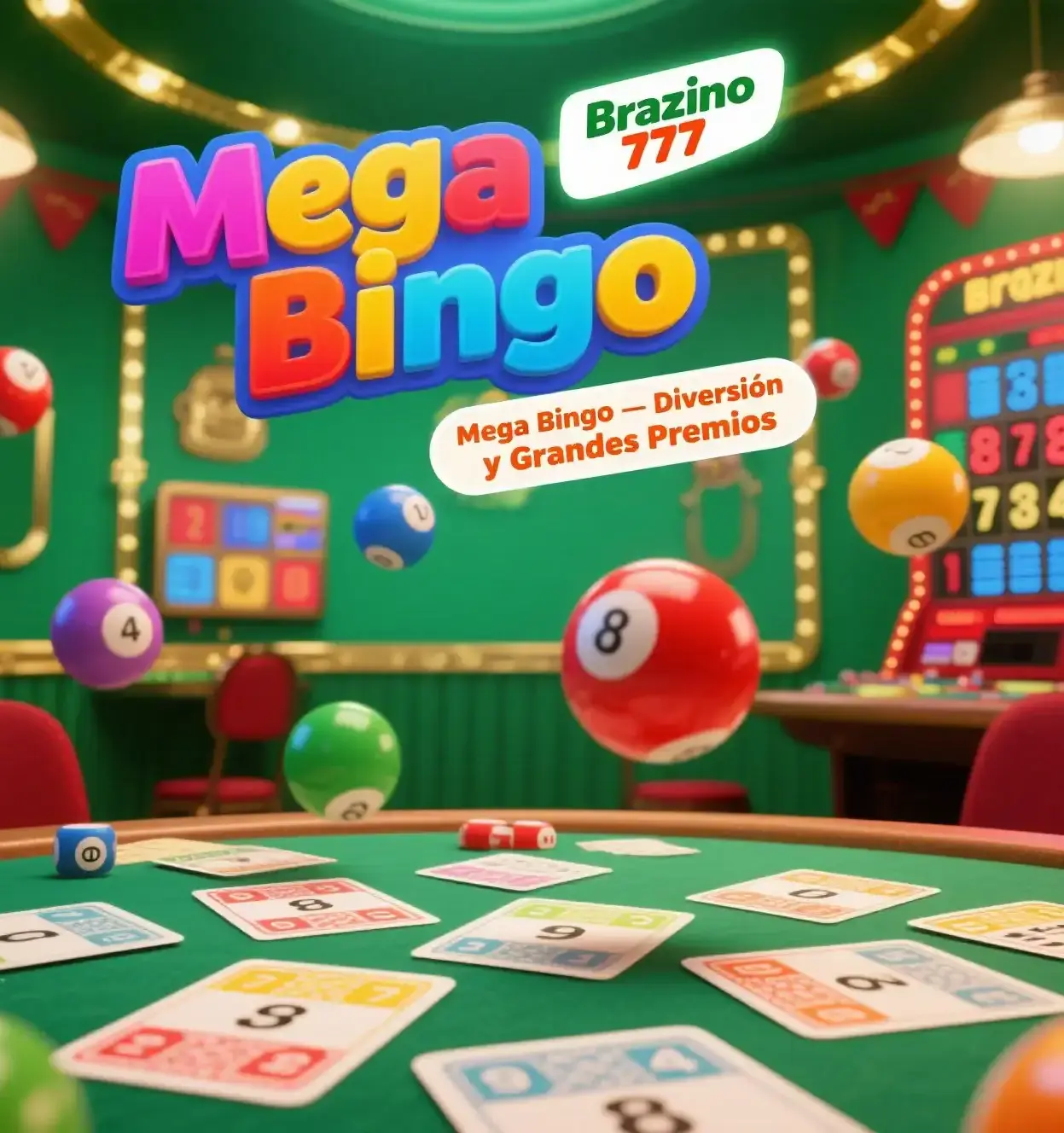 Mega Bingo Brazino777 con bolas numeradas y cartones